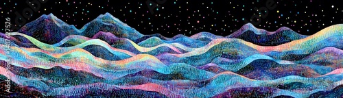 Colorful mountain range under a starlit night sky