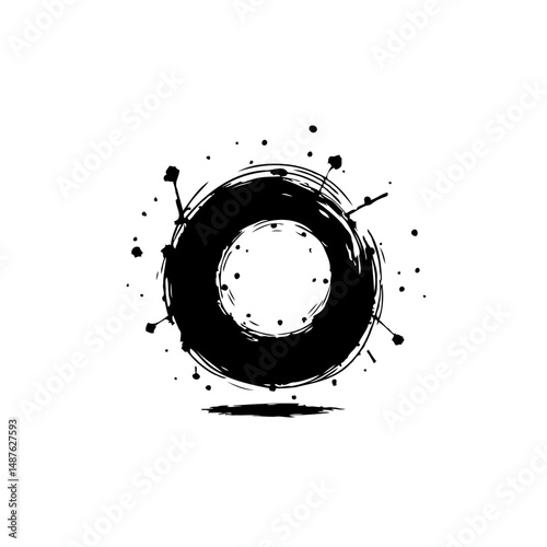 Abstract ink circle with splatters radiating outwards for artistic expression