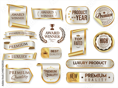 Top rated and award winner gold and silver badge and emblem collection stock illustration