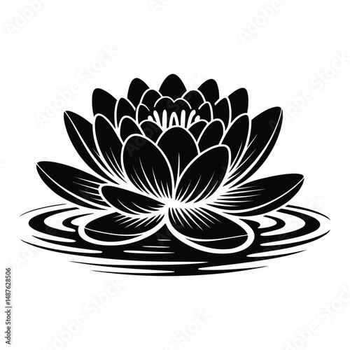 Flowing Water Lily Silhouette, Vector, Illustration, Icon, Logo, White Background.