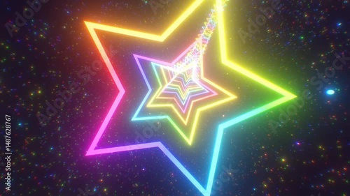 Fly Through Rainbow Neon Star Shape Space Portal Ring At Light Speed - 4K Seamless VJ Loop Motion Background Animation
