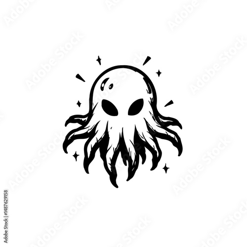 Stylized cephalopod illustration evoking ethereal charm in a monochrome presentation