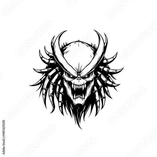Stylized alien hunter skull with horns and tribal features, fantasy theme