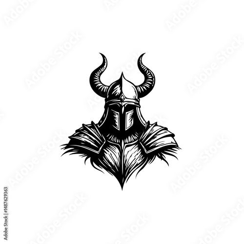 Intricate warrior illustration showcasing a horned helmet and detailed armor design