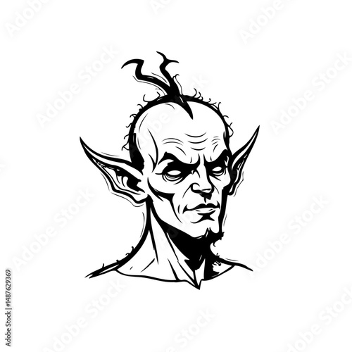 Intricate Line Art Depicting a Fantasy Creature with Sharp Facial Features