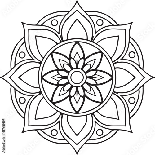 Printable Floral Mandala – Symmetrical Black and White Line Art