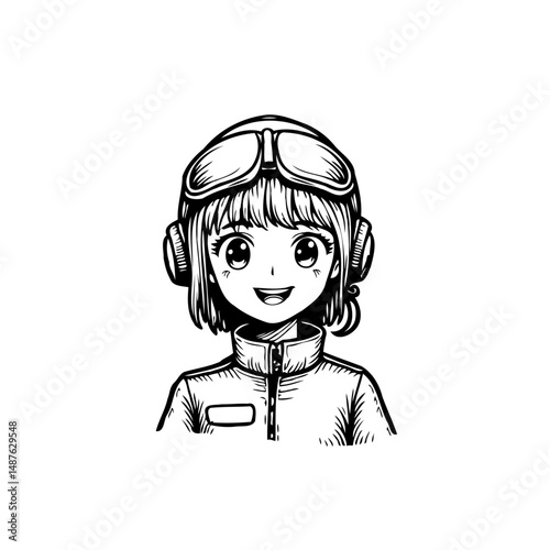 Anime-Style Pilot Portrait: A Whimsical Black and White Rendition of Youthful Flight