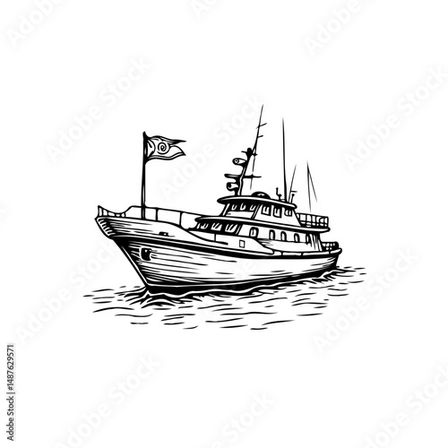 Elegant monochrome illustration of a motor yacht sailing through calm waters