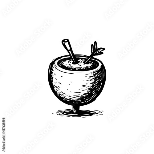 Hand-drawn illustration of a beverage served in a rustic wooden vessel