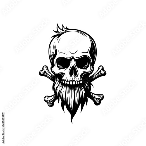 Monochrome skull illustration with a beard and crossbones in vector format