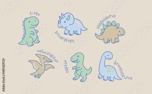 Cute Cartoon Dinosaur Collection – Kawaii Dino Kid Vector Set with Names