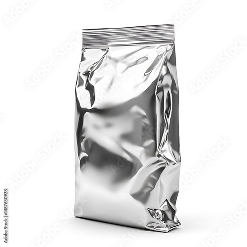 Shiny silver pouch with reflective texture sits upright against a bright white background