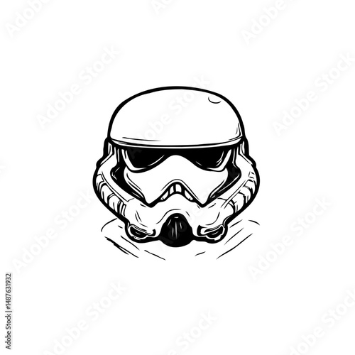 Stylized drawing of a futuristic trooper head in black and white sketch