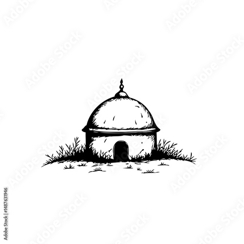 Monochromatic architectural dome sketch amidst wild grass rendered artistically