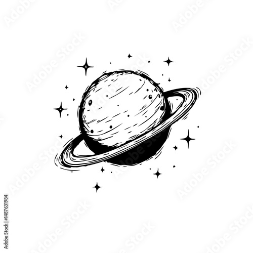 Monochrome celestial body illustration showcasing a planetary system sketch