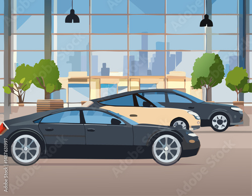In a car showroom, a sleek black car is prominently parked alongside several other vehicles on display, capturing the attention of onlookers