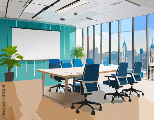 There is a spacious conference room that features a long table surrounded by several chairs, along with a large screen for presentations