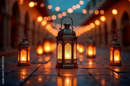 Lit lanterns line cobblestone path at night with arched passage in background photo