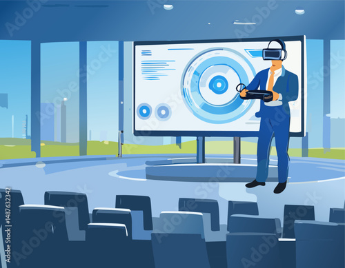 A man wearing a virtual reality headset stands beside a sleek, modern electric car, enthusiastically promoting the numerous benefits of electric vehicles