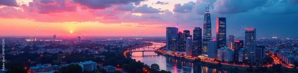 Fototapeta premium Modern art gallery, city panorama, blank banner , abstract, backdrop, interior