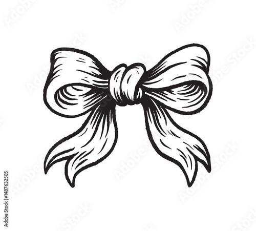 Vintage style black and white ribbon bow in detailed engraving sketch technique. Isolated on white background