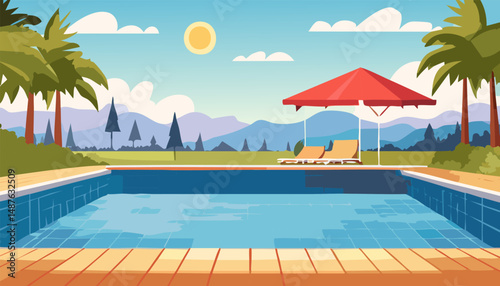 A detailed pixel art illustration depicting a serene swimming pool surrounded by lush palm trees, with magnificent mountains visible in the background