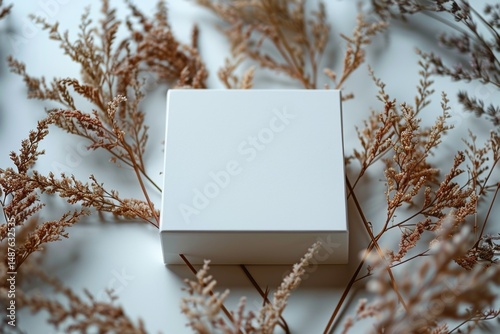 Blank mockup of a white box on a light background and dried flowers