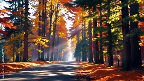 Autumn's Golden Path: A Road Through Fall Foliage