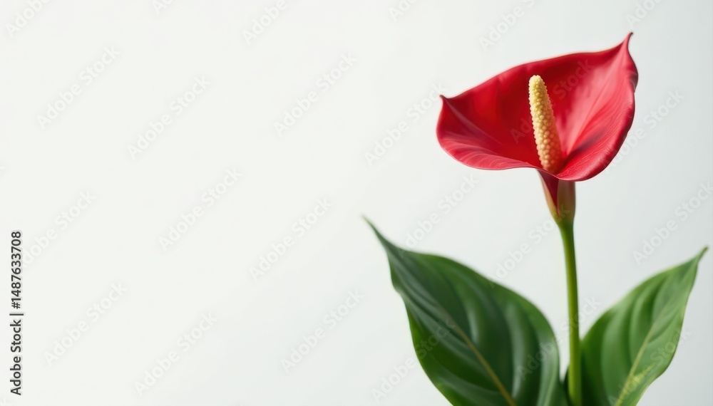 Fototapeta premium Single vibrant red anthurium, stark white Bold color, clean aesthetic, spacious , white, decor, vibrant