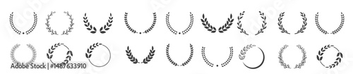 Set of black circular foliate laurels branches. Laurel wreaths icons collection. Vector illustration. Award winner champion.