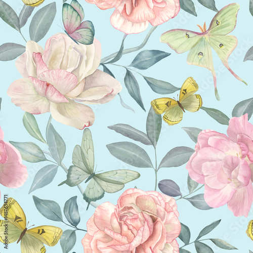 Buttercup flowers green leaves and butterflies watercolor seamless spring pattern. Pink roses, Luna Moth butterfly. Romantic floral summer print