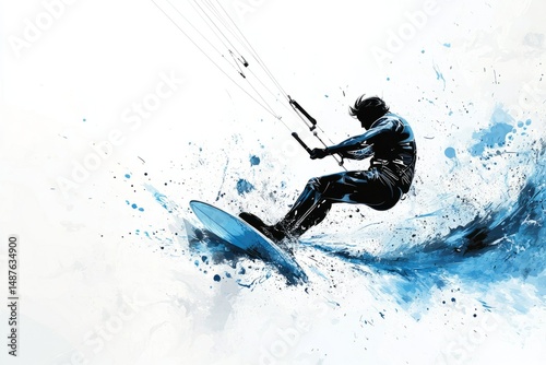 High-detail vector of a kitesurfer mid-jump, with dynamic motion lines and splashes of water, vibrant blues and whites, natural color, minimalism, stock vector