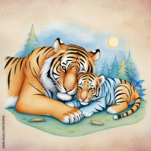 Serene scene of a mother tiger resting with her playful cub surrounded by a tranquil forest landscape