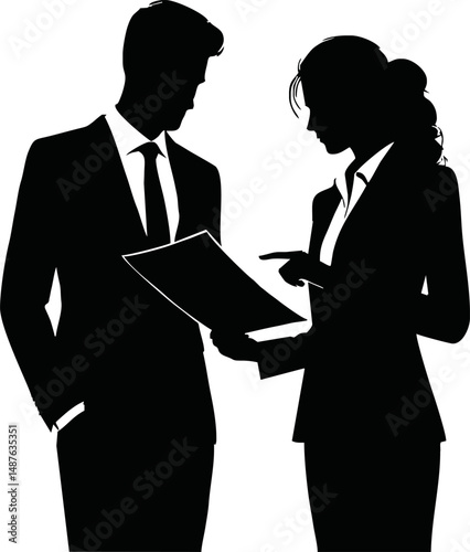Vector silhouette of two businesspeople standing and discussing a document or report, one pointing at paper, clean black vector on white background, professional office scene