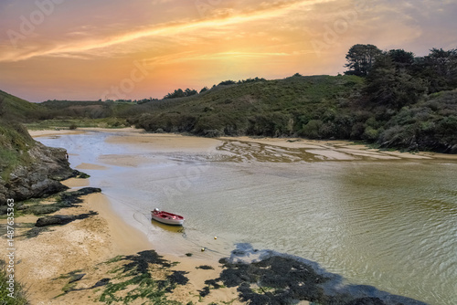 Belle-Ile in Brittany, the beach Port Kerel on the Cote Sauvage, with cliffs and rocks
