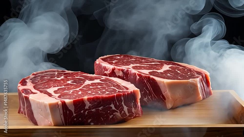 Two raw marbled ribeye steaks placed on a wooden board with rising smoke around them, prepared for cooking in a dark background setting


