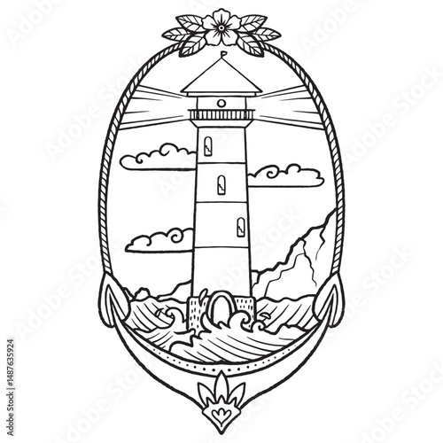 Handdrawn lighthouse in seascape with waves and clouds, floral decorative frame, black and white lineart, isoleted on white background