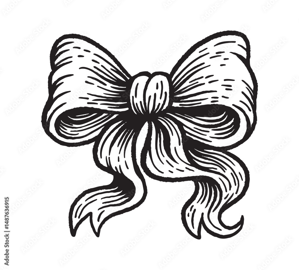 Obraz premium Elegant black and white ribbon bow in engraving style with vintage textured lines. Handdrawn illustration, isoleted on white background
