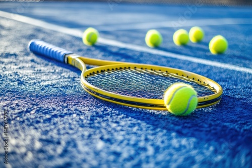 A close-up of a tennis racket with a yellow frame resting on a blue hardcourt, accompanied by several tennis balls scattered around. The textured surface of the court emphasizes