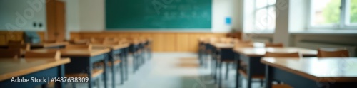 Empty schoolroom, blurred desks and tables in campus setting, empty classroom interior, school supplies