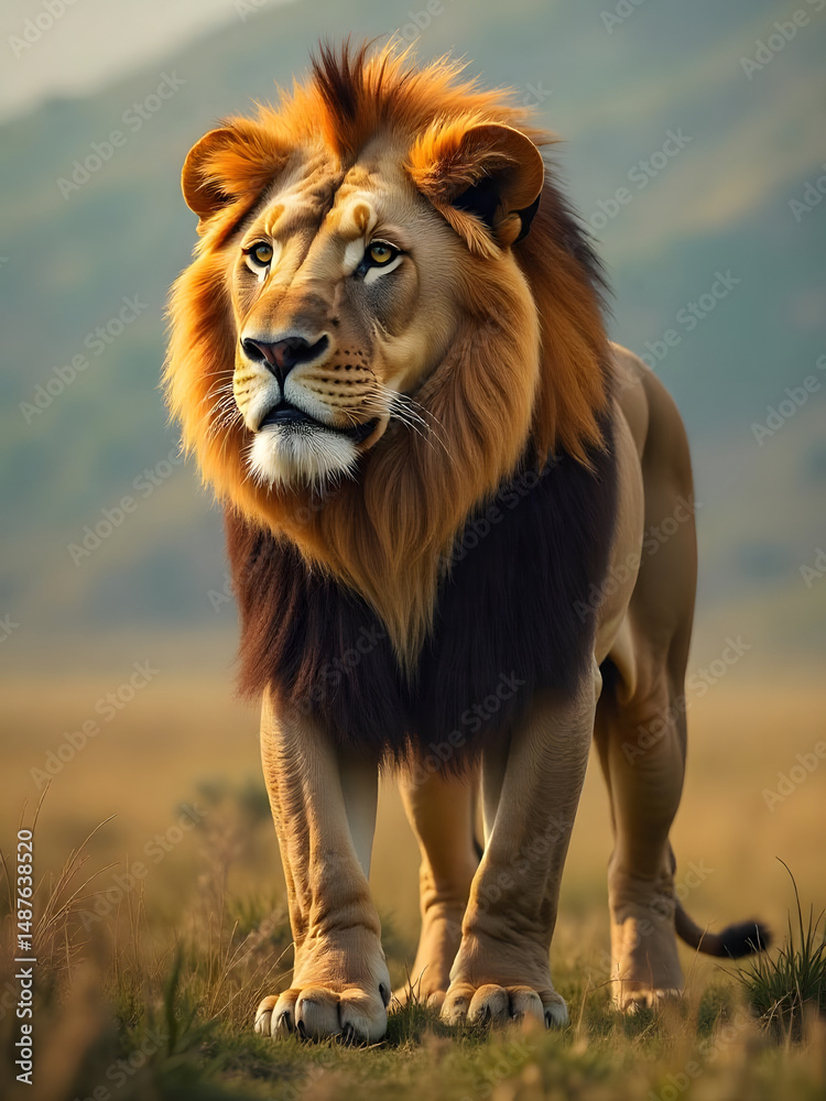 Obraz premium A regal lion surveys its domain, showcasing a magnificent mane and powerful stature.