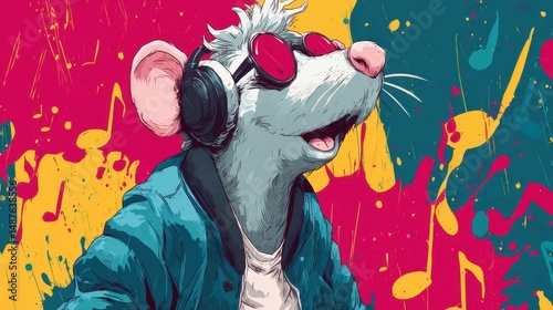 A jovial rodent listens to music with headphones and sunglasses.