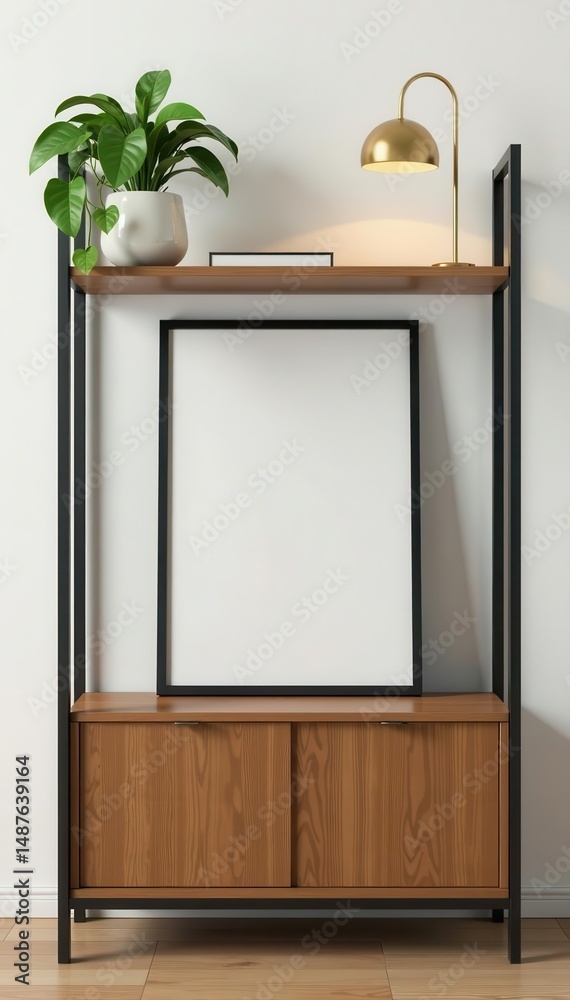 Fototapeta premium Minimalist retro shelf with black frame, brown shelf, gold lamp, hanging plant , black frame mockup, minimalist shelfie