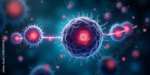 3D rendering of a virus with red dots or Viral particles in a blue field