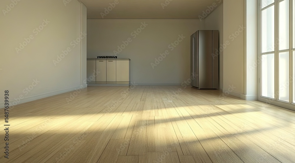Fototapeta premium Empty, sunlit room with hardwood floors