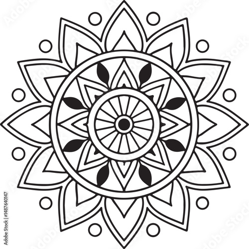 Printable Floral Mandala – Symmetrical Black and White Line Art