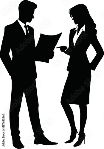Vector silhouette of two businesspeople standing and discussing a document or report, one pointing at paper, clean black vector on white background, professional office scene