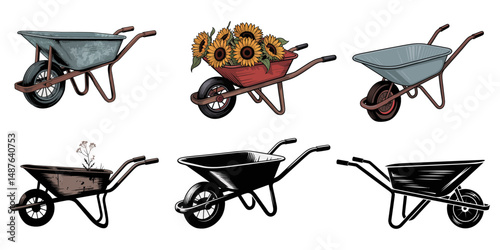 wheelbarrow glyph icon, Wheelbarrow, Farming Flat Vector Illustration, Green wheelbarrow with yellow wheel on white, Vector wheelbarrow illustration, gardening tool icon, A captivating outline style.