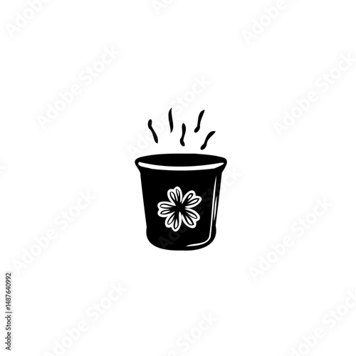 Stylized depiction of a steaming beverage in floral adorned vessel illustration