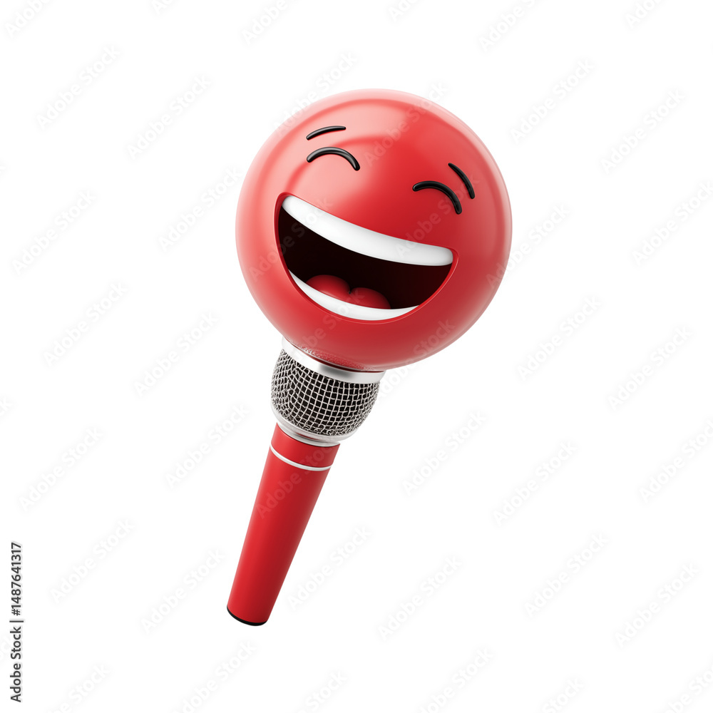 Red microphone with smiling emoji face isolated on white background